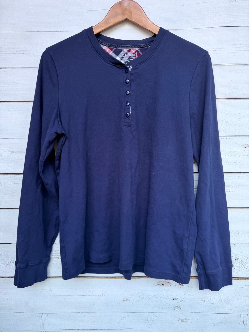 L.L. Bean Women's Plaid Trimmed Long Sleeve Henley Top Large